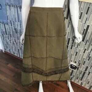 S.M.H. Vng Western Green Suede Leather Crochet Fringe Boho Maxi Skirt sz22 0034